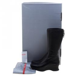 Pre Owned Prada Sport Black Leather Square Toe Mid Calf Boots Size 35