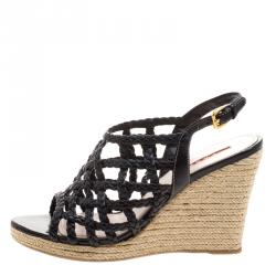 Pre Owned Prada Sport Black Braided Leather Espadrille Wedge Slingback Sandals Size 38.5