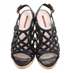 Pre Owned Prada Sport Black Braided Leather Espadrille Wedge Slingback Sandals Size 38.5
