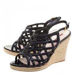 Pre Owned Prada Sport Black Braided Leather Espadrille Wedge Slingback Sandals Size 38.5