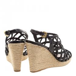 Pre Owned Prada Sport Black Braided Leather Espadrille Wedge Slingback Sandals Size 38.5