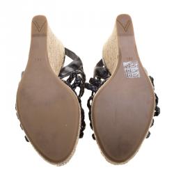 Pre Owned Prada Sport Black Braided Leather Espadrille Wedge Slingback Sandals Size 38.5