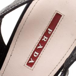 Pre Owned Prada Sport Black Braided Leather Espadrille Wedge Slingback Sandals Size 38.5