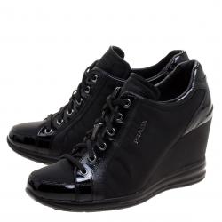 Pre Owned Prada Sport Black Nylon and Leather Wedge Lace Up Sneakers Size 38.5