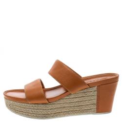 Pre Owned Prada Orange Saffiano Leather Wedge Espadrille Sandals Size 40.5