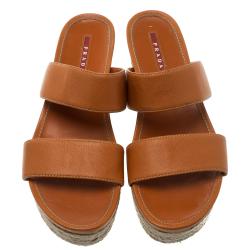 Pre Owned Prada Orange Saffiano Leather Wedge Espadrille Sandals Size 40.5