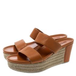 Pre Owned Prada Orange Saffiano Leather Wedge Espadrille Sandals Size 40.5