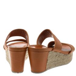 Pre Owned Prada Orange Saffiano Leather Wedge Espadrille Sandals Size 40.5