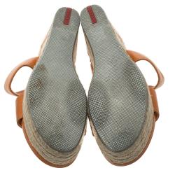 Pre Owned Prada Orange Saffiano Leather Wedge Espadrille Sandals Size 40.5