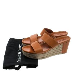 Pre Owned Prada Orange Saffiano Leather Wedge Espadrille Sandals Size 40.5