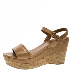 Pre Owned Prada Sport Brown Leather Ankle Strap Cork Wedge Platform Sandals Size 38