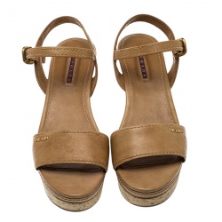 Pre Owned Prada Sport Brown Leather Ankle Strap Cork Wedge Platform Sandals Size 38