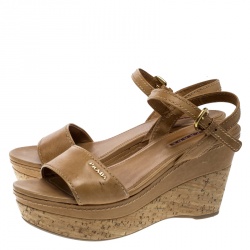 Pre Owned Prada Sport Brown Leather Ankle Strap Cork Wedge Platform Sandals Size 38