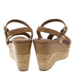 Pre Owned Prada Sport Brown Leather Ankle Strap Cork Wedge Platform Sandals Size 38