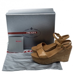Pre Owned Prada Sport Brown Leather Ankle Strap Cork Wedge Platform Sandals Size 38
