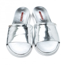Pre Owned Prada Sport Metallic Silver Leather Slides Size 38