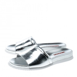 Pre Owned Prada Sport Metallic Silver Leather Slides Size 38