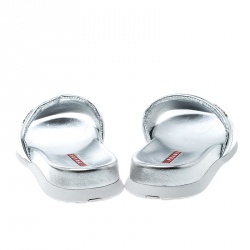 Pre Owned Prada Sport Metallic Silver Leather Slides Size 38