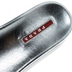 Pre Owned Prada Sport Metallic Silver Leather Slides Size 38
