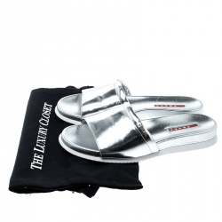 Pre Owned Prada Sport Metallic Silver Leather Slides Size 38