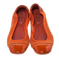 Pre Owned Prada Sport Orange Mesh Patent Leather Cap Toe Ballet Flats Size 36