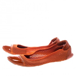 Pre Owned Prada Sport Orange Mesh Patent Leather Cap Toe Ballet Flats Size 36