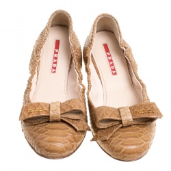Prada Sport Beige Python Leather Scrunch Bow Ballet Flats Size 36.5