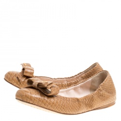 Prada Sport Beige Python Leather Scrunch Bow Ballet Flats Size 36.5