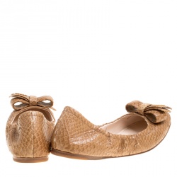 Prada Sport Beige Python Leather Scrunch Bow Ballet Flats Size 36.5