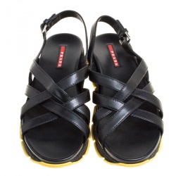 Prada Sport Black Leather Cross Strap Flat Sandals Size 39.5