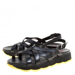 Prada Sport Black Leather Cross Strap Flat Sandals Size 39.5