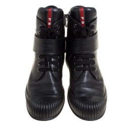 Pre Owned Prada Sport Black Leather Lace Up High Top Sneakers Size 39