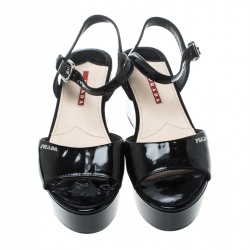 Pre Owned Prada Sport Black Patent Leather Ankle Strap Platform Sandals Size 36.5