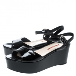 Pre Owned Prada Sport Black Patent Leather Ankle Strap Platform Sandals Size 36.5