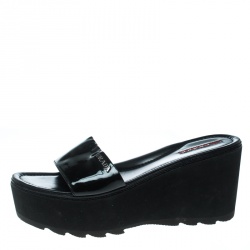 Pre Owned Prada Sport Black Patent Leather Platform Wedge Slides Sandals Size 39