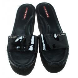Pre Owned Prada Sport Black Patent Leather Platform Wedge Slides Sandals Size 39