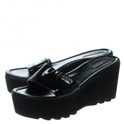 Pre Owned Prada Sport Black Patent Leather Platform Wedge Slides Sandals Size 39