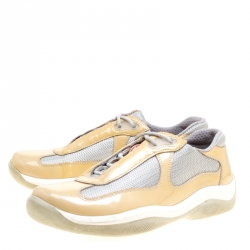 Pre Owned Prada Grey/Beige Mesh and Patent Leather Carrie Lace Up Sneakers Size 36