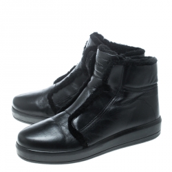 Pre Owned Prada Sport Black Leather Fur Lined Ankle Boots Size 40.5