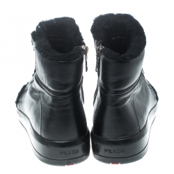 Pre Owned Prada Sport Black Leather Fur Lined Ankle Boots Size 40.5