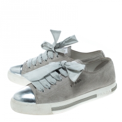 Pre Owned Prada Sport Grey/Metallic Silver Suede and Leather Cap Toe Platform Sneakers Size 37.5