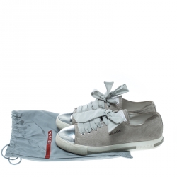 Pre Owned Prada Sport Grey/Metallic Silver Suede and Leather Cap Toe Platform Sneakers Size 37.5