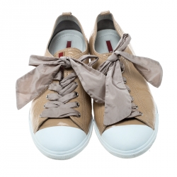 Pre Owned Prada Sport Beige Patent Leather Cap Toe Low Top Sneakers Size 40