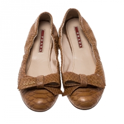 Prada Sport Beige Python Leather Scrunch Bow Ballet Flats Size 36