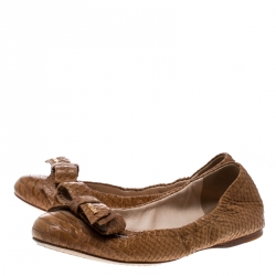 Prada Sport Beige Python Leather Scrunch Bow Ballet Flats Size 36