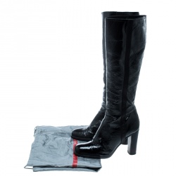 Pre Owned Prada Sport Black Crinkled Patent Leather Block Heel Knee Boots Size 36.5
