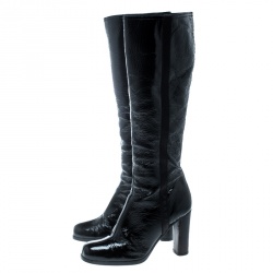 Pre Owned Prada Sport Black Crinkled Patent Leather Block Heel Knee Boots Size 36.5
