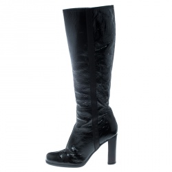 Pre Owned Prada Sport Black Crinkled Patent Leather Block Heel Knee Boots Size 36.5