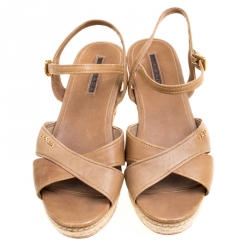 Pre Owned Prada Sport Brown Leather Ankle Strap Platform Espadrille Sandals Size 38