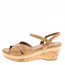 Pre Owned Prada Sport Brown Leather Ankle Strap Platform Espadrille Sandals Size 38